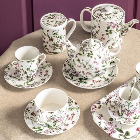 Lot De 4 Tasses à Café TABLE PASSION - Décor Fleurs Et Oiseaux - Porcelaine Rouge - Occasion