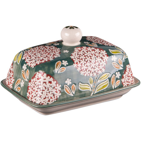 Beurrier Cottage 16x11 Cm - Grès Décoré Vert & Rouge, Couvercle, Compatible Lave-Vaisselle & Micro-Ondes