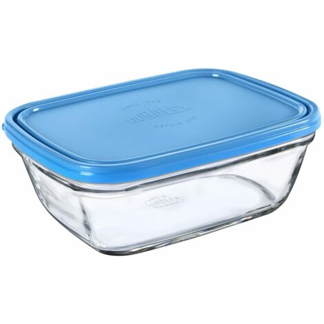 Duralex Freshbox Récipient alimentaire rectangulaire avec couvercle en plastique bleu, 1,65 l, 1 unité, verre résistant aux graffitis, va au micro-ondes et au lave-vaisselle, fabriqué en France