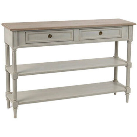 Console Édouard en bois gris 120x30x80 cm – 2 tiroirs et étagères ouvertes – Style maison de campagne chic – Amadeus (1/6)
