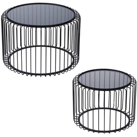 Table Passion - Set de 2 tables basses rondes métal noir et verre (1/2)