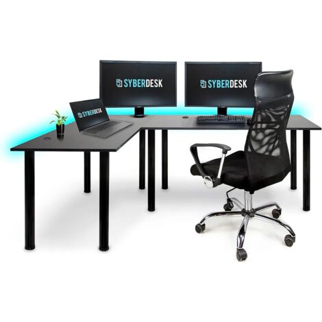 Bureau d'angle gaming pro LED 197 x 132 cm – Panneau solide 18 mm – Hauteur réglable 72-75 cm – 4 passe-câbles – 16 couleurs LED – Syberdesk