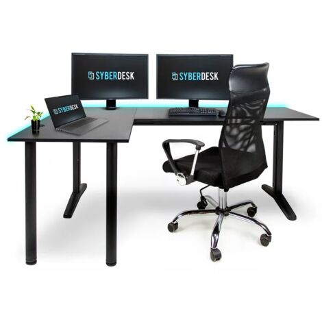 Bureau d'angle de jeu LED 197 x 132 cm – Table RGB en L avec HUB USB – Gestion des câbles – Hauteur 74-75 cm – Design ergonomique – Syberdesk