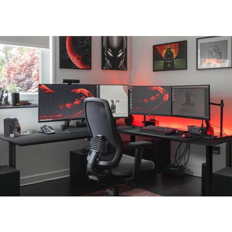 Bureau d'angle de jeu LED 197 x 132 cm – HUB USB – Gestion des câbles – Pieds réglables – Bande LED télécommandée 16 couleurs – Syberdesk