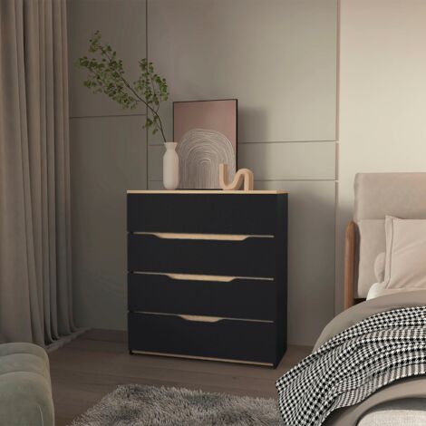 Comoda Zoe en melamina, cuatro cajones con rieles metalicos - Negro/ miel (1/5)