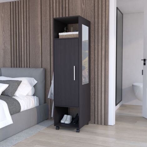 Armario Kronospan en melamina con una puerta , dos estante , barra para colgar ropa y espejo incluido , Negro 160 X 40 X 48 cm