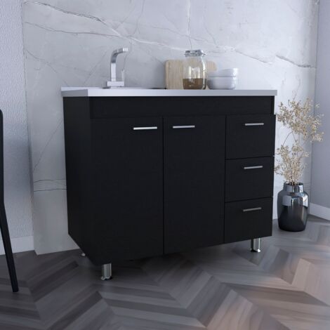 Mueble bajo Ferreti en melamina con 3 cajones , 2 puertas y encimera de acero inoxidable , negro , 90 cm X 100 cm X 52.5 cm (1/5)