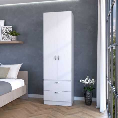 TUHOMEArmario alto TUHOME Mayer en melamina con dos puertas y dos cajones, Blanco 195 cm Ancho: 59,2 cm Profundidad: 49,5 cm (1/5)