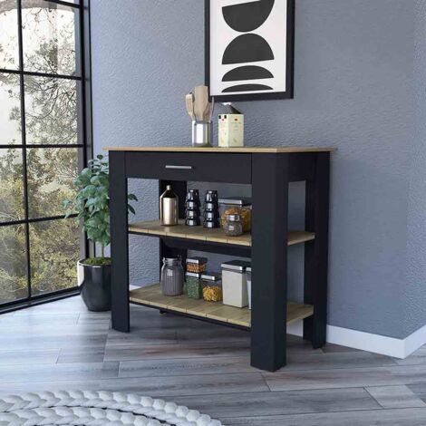 TUHOME Isla de Cocina Brooklyn, Dos Estantes, Un Cajón, Negro / Roble Claro 50,8 cm de ancho x 93,4 cm de alto x 101,7 cm de largo. (1/5)
