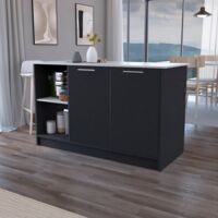 Isla de cocina Juniper en melamina con dos puertas y 3 estantes , Negro / Ibiza 90 X 150 X 64 cm