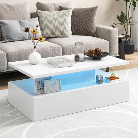 2-Tier Coffee Table Modern Center Table Cocktail Table W/ Adjustable LED light