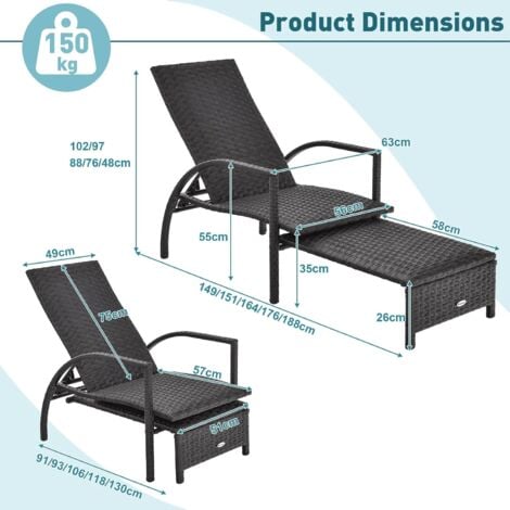 Outdoor Rattan Lounge Chair 5-Level Adjustable Chaise Lounger Wicker Recliner