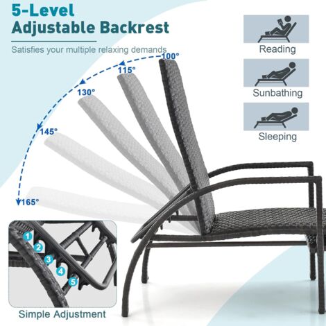 Outdoor Rattan Lounge Chair 5-Level Adjustable Chaise Lounger Wicker Recliner