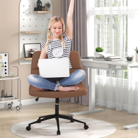 Criss Cross Chair with Wheels PU Leather Upholstered Cross-legged Office Chair & Oversized U-shaped Seat Coffee
