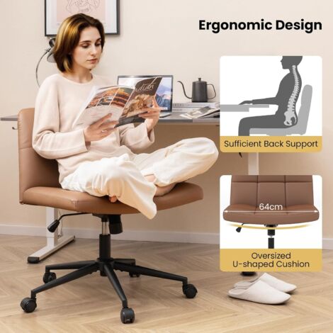Criss Cross Chair with Wheels PU Leather Upholstered Cross-legged Office Chair & Oversized U-shaped Seat Coffee