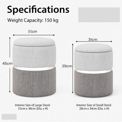 2 PCS Linen Fabric Storage Ottoman Set Modern Round Ottoman with Storage