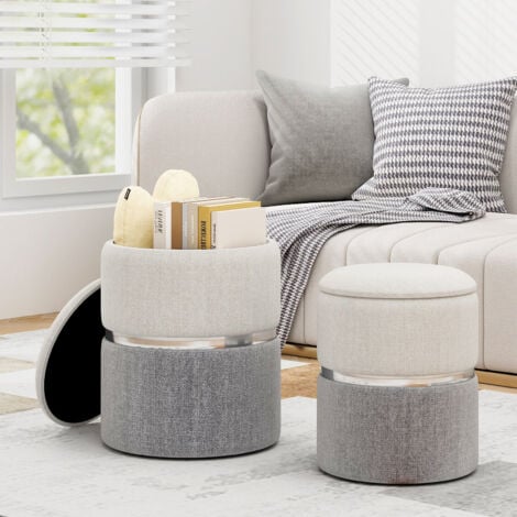 2 PCS Linen Fabric Storage Ottoman Set Modern Round Ottoman with Storage