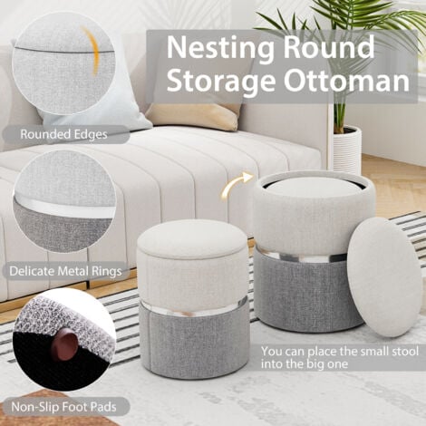 2 PCS Linen Fabric Storage Ottoman Set Modern Round Ottoman with Storage