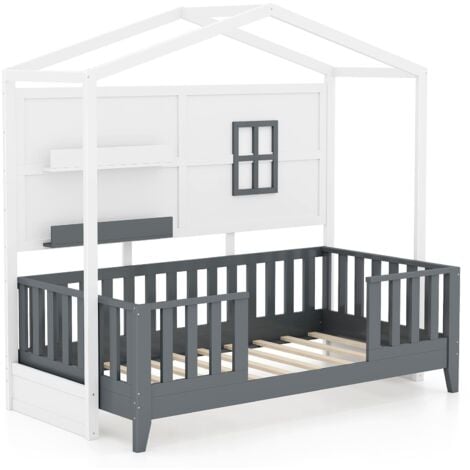 Kids Single Wood House Bed Montessori Floor Bed w/2 Shelves&Guardrails