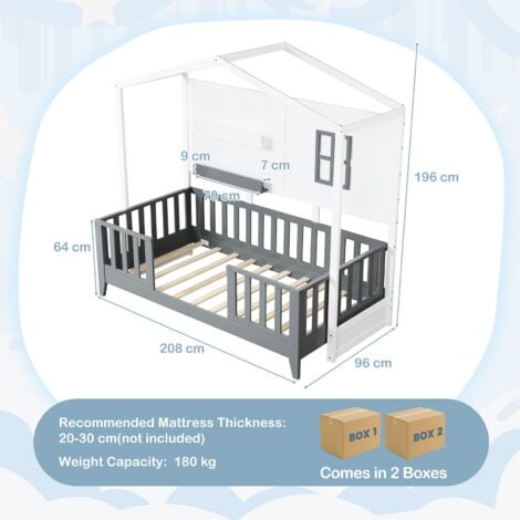 Kids Single Wood House Bed Montessori Floor Bed w/2 Shelves&Guardrails