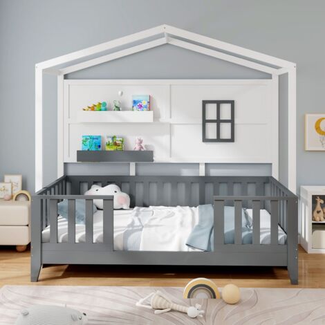 Kids Single Wood House Bed Montessori Floor Bed w/2 Shelves&Guardrails