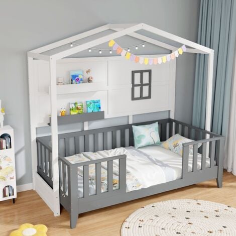 Kids Single Wood House Bed Montessori Floor Bed w/2 Shelves&Guardrails