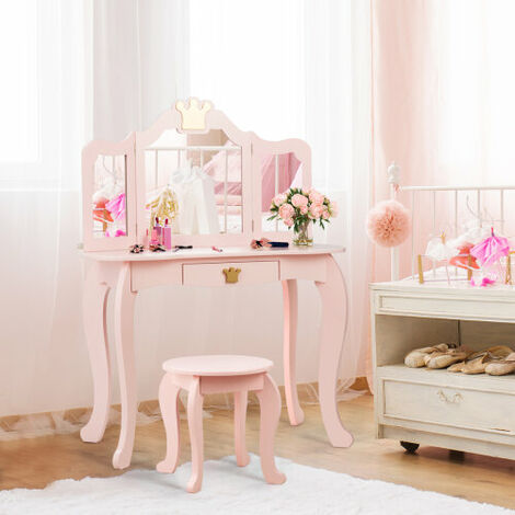 Kids Vanity Table & Stool Set Toddler Princess Pretend Beauty Makeup Table
