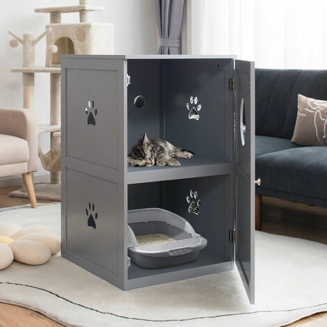 2-Tier Cat House Indoor Pet Crate Litter Box Enclosure Side Storage Cabinet