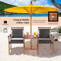 Outdoor 2-Seater Rattan Chair Patio Wicker Middle Tea Table W/ Umbrella Hole