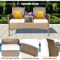 Outdoor Wicker Loveseat w/ Middle Table & Removable Cushions Garden Lawn Backyard