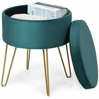 Velvet Storage Footrest Stool w/ Golden Hairpin Like Metal Legs Home Living Room Bedroom Deep Green