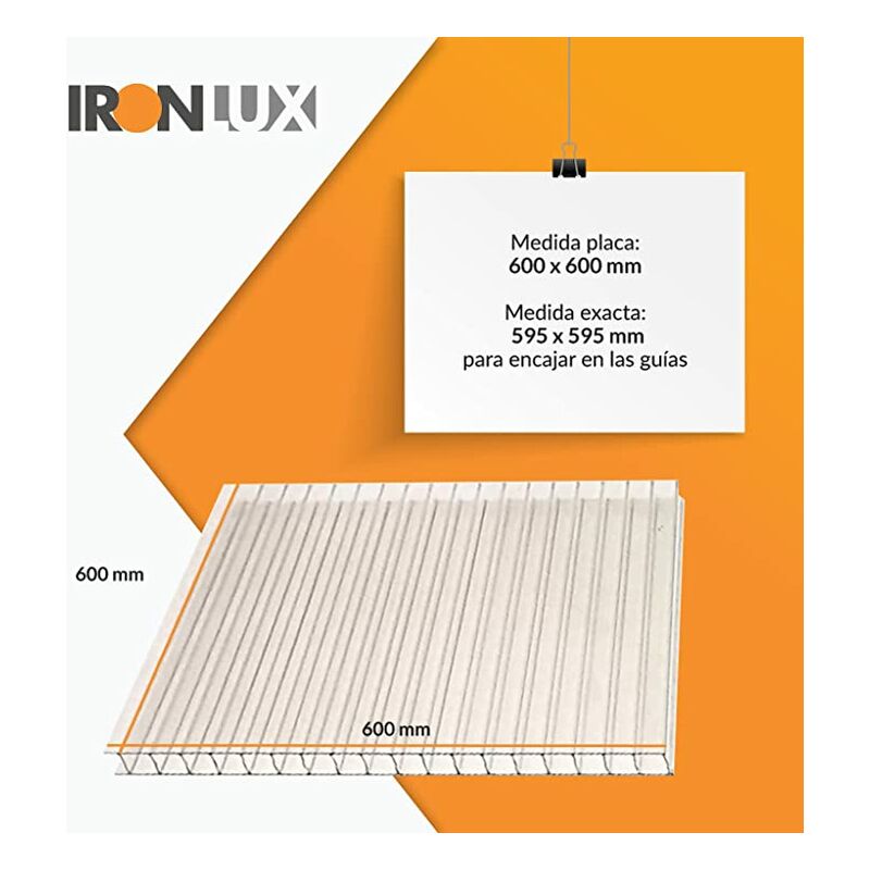 Ironlux - Kit 10 Planchas policarbonato transparente para falso techo 6mm -  Medida exacta: 595x595 para encajar en las guías - Protección UV