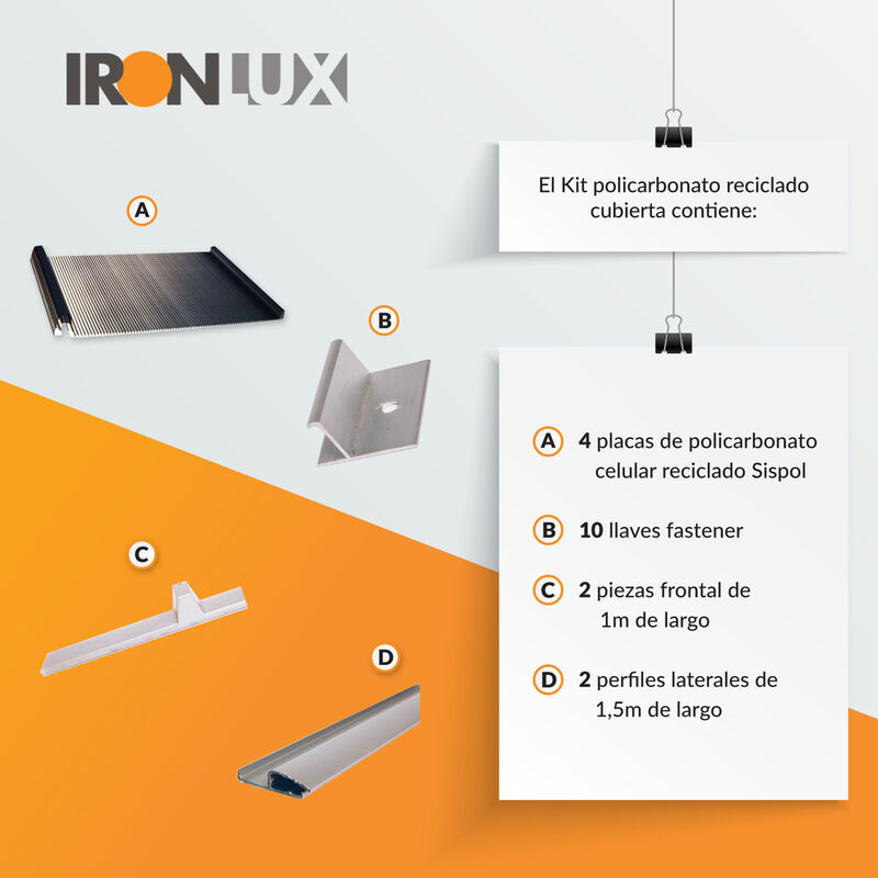 Ironlux - Kit Placas de policarbonato celular reciclado Sispol gris 3 mm  cubierta - Medida final 1500 x 1000 mm - Incluye accesorios de instalación