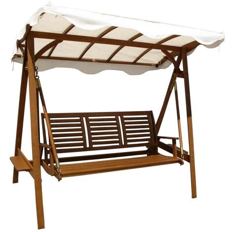 Braune 3Sitzer Hollywoodschaukel aus Holz mit weißem Sonnendach
