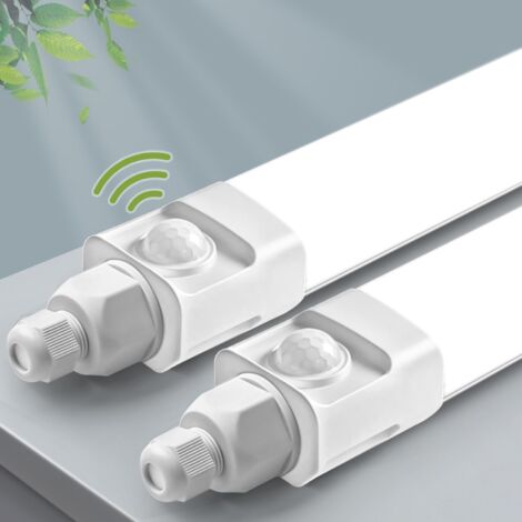 2 Stück，LED Feuchtraumleuchte 150cm mit Bewegungsmelder,45W 4500LM 4000K Deckenleuchte Sensor Röhre,Linkable Kellerleuchte,Wasserfest IP65 LED Wannenleuchte für Garage Balkon Keller Flur Treppe