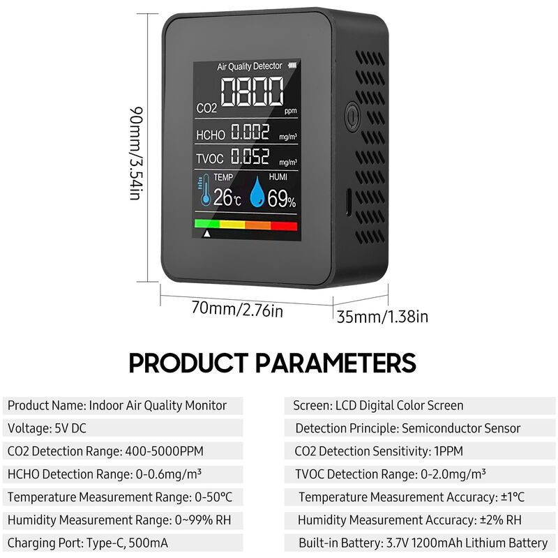 KKnoon Moniteur de qualité de l'air détecteur de CO2 5 en 1 Testeur de formaldéhyde HCHO TVOC Testeur d'humidité et de température LCD Compteur d'alarme de CO2 rechargeable pour serre de bureau 