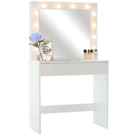 Coiffeuse avec miroir LED et tabouret, Blanc/doré 120 x 75cm | Maisons du Monde