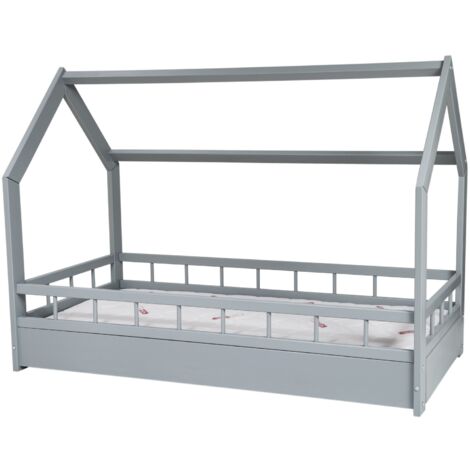 Lit bébé en bois - lit cabane - matelas inclus - 160x80 - avec barrières - gris (1/5)