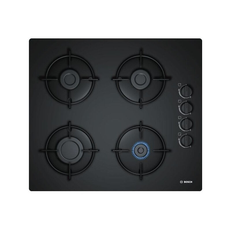 BOSCH Table de Cuisson Gaz Verre 59cm 4 Bruleurs avec Foyer Rapide 3000W Supports Emaillés Noir