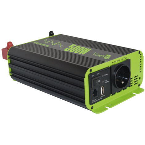Convertisseur de tension pur sinus 12V 500W – Prise Schuko – Protection surcharges et courts-circuits – Alarme batterie faible