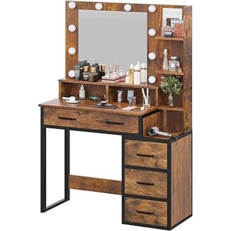 Cyclysio Schminktisch-Set Mit Spiegel & Hocker – 91,4 Cm, 2 Holzschubladen, Beleuchtung, Steckdosen, Schwarz