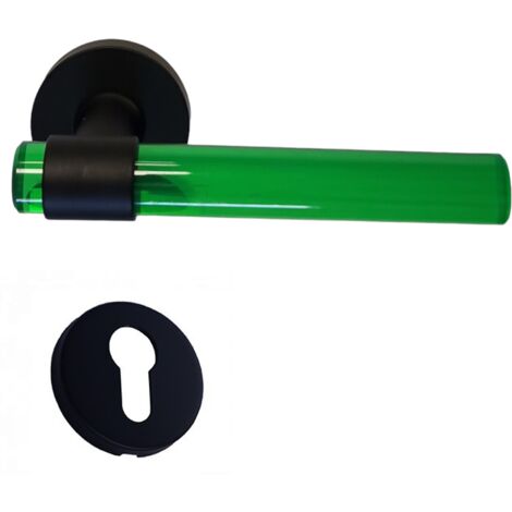 Poignées de Porte " JOY "VERTES Plexiglass Pieds Inox Noirs  + 1 paire de rosaces cylindre