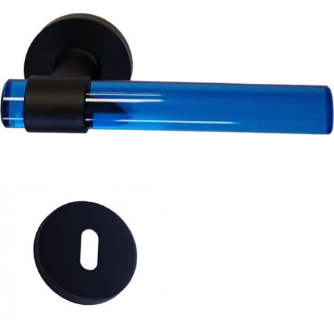 Poignées de Porte" JOY" BLEUES Plexiglass Cristallines  à Pieds Inox Noirs.  +1 Paire de rosaces à trou de clé