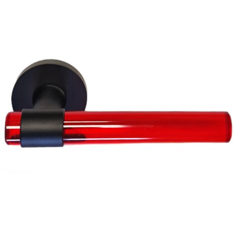 Poignées de Porte "JOY" ROUGES Plexiglas Cristallines sur Pieds Inox Noirs.  Sans rosaces de fonction 
