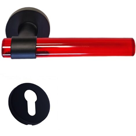 Poignées de Porte "JOY" ROUGES Plexiglas Cristallines sur Pieds Inox Noirs.  +1 Paire de rosaces cylindre 