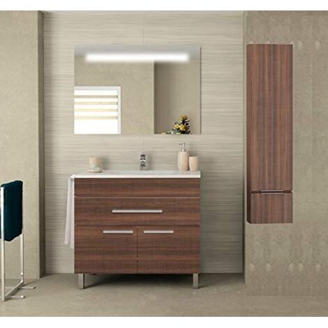 CONJUNTO VEGA PARA BAÑO, MUEBLE DE BAÑO CON LAVABO, ESPEJO Y TOALLERO FRESNO TEA 60CM CON COLUMNA