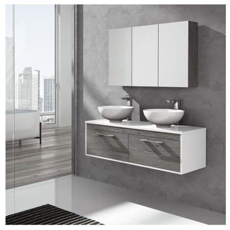 MUEBLE DE BAÑO ENIF CON ENCIMERA DE MADERA CON ESPEJO, Y TOALLERO, SIN LAVABO COMBI: GRIS CENIZA Y BLANCO 120CM DOS SENOS