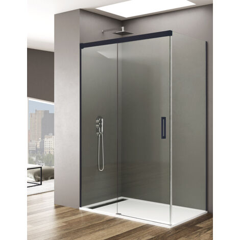 Mampara de ducha Angular ALLSTONE BASIC 1+1 con lateral fijo, sin perfil inferior 5 colores de perfilería, 2 tipos de cristal de 6mm en Aluminio perfil Negro 100x70 cm cristal Transparente (1/3)