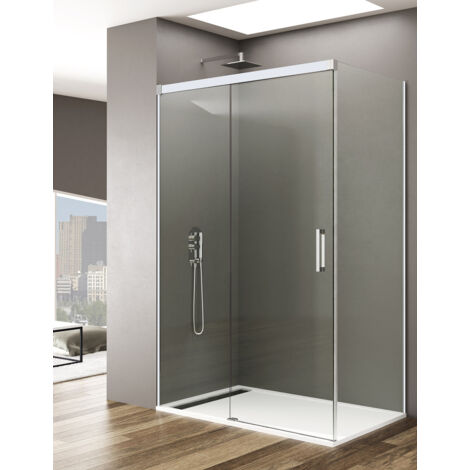 Mampara de ducha Angular ALLSTONE BASIC 1+1 con lateral fijo, sin perfil inferior 5 colores de perfilería, 2 tipos de cristal de 6mm en Aluminio perfil Blanco 100x70 cm cristal Transparente (1/3)
