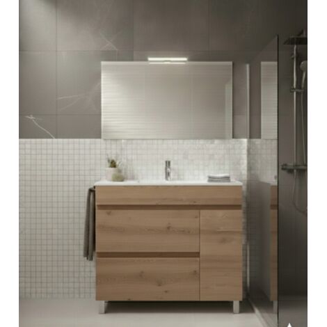 Conjunto Mueble de baño FENRIR ya montado 2 cajones y puerta con patas, lavabo y espejo Estepa 80x45 cm